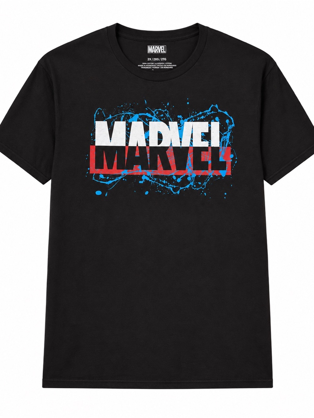 Marvel Splatter Logo Men’s T-Shirt Black L 2XL XXL Blue Red Graphic NWT